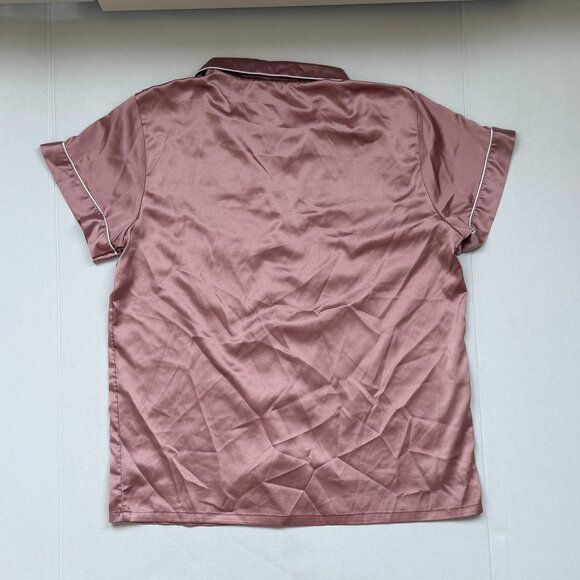Rose Pink Satin Pajama Set – Short Sleeve Button Top & Shorts - Picture 3 of 5